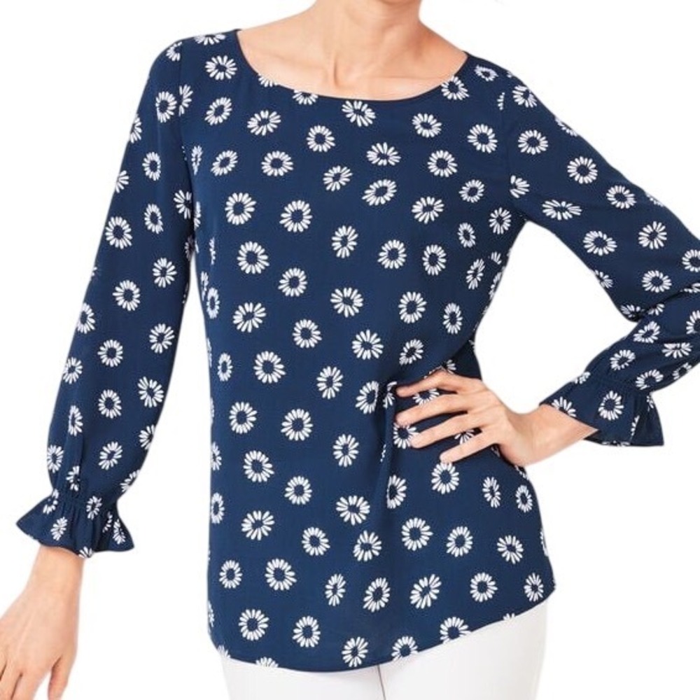 Talbots Womens Feminine Ruffle Sleeve Floral Daisy Print Blouse‎ Top Navy Sz  1X